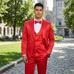 New 2026 Mens 3pc Solid Shiny Satin Red Suit Set, Skinny Fit
